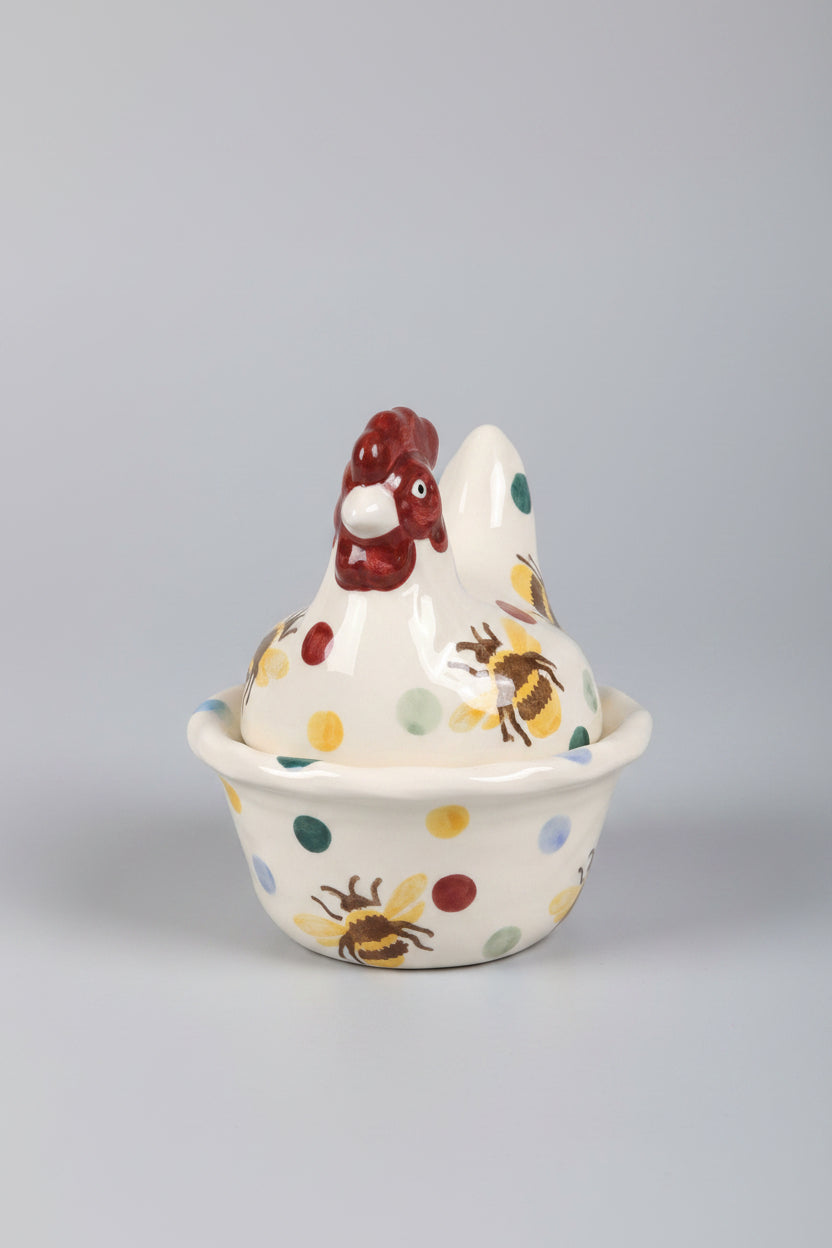 Emma Bridgewater Hen on Nest Ceramic with Bumblebee and Polka Dot Details
