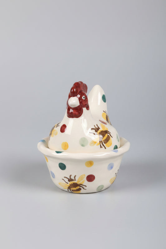 Emma Bridgewater Hen on Nest Ceramic with Bumblebee and Polka Dot Details