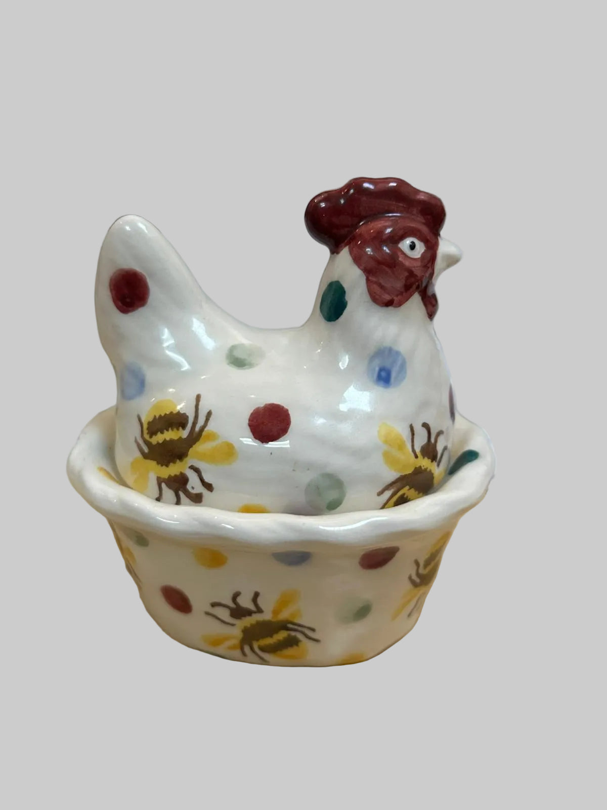 Emma Bridgewater Hen on Nest Ceramic with Bumblebee and Polka Dot Details