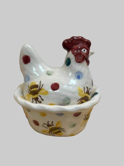Emma Bridgewater Hen on Nest Ceramic with Bumblebee and Polka Dot Details