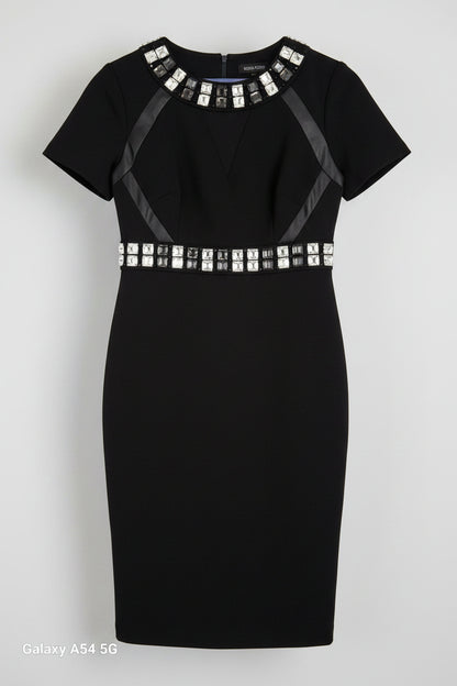 New M&S Black Bodycon Dress UK 12 EU 40 Diamante Neck & Waistline - Midi Fitted Formal