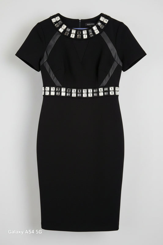 New M&S Black Bodycon Dress UK 12 EU 40 Diamante Neck & Waistline - Midi Fitted Formal