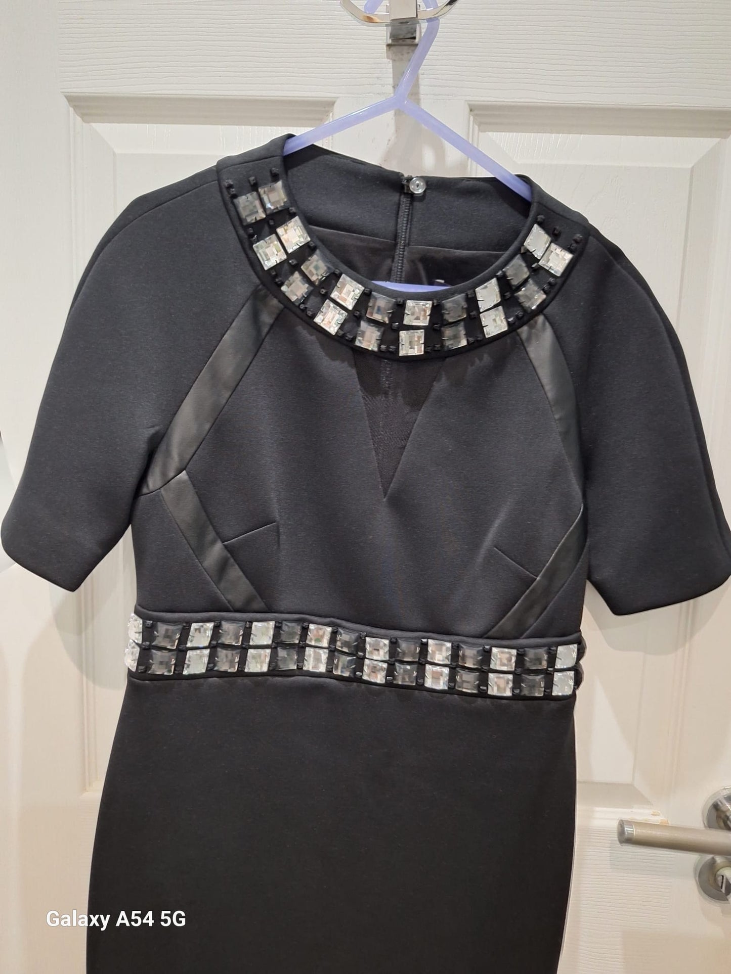 New M&S Black Bodycon Dress UK 12 EU 40 Diamante Neck & Waistline - Midi Fitted Formal