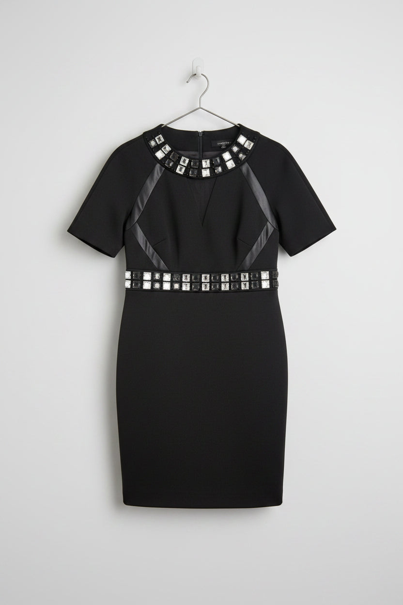 New M&S Black Bodycon Dress UK 12 EU 40 Diamante Neck & Waistline - Midi Fitted Formal