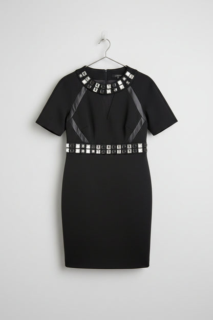 New M&S Black Bodycon Dress UK 12 EU 40 Diamante Neck & Waistline - Midi Fitted Formal