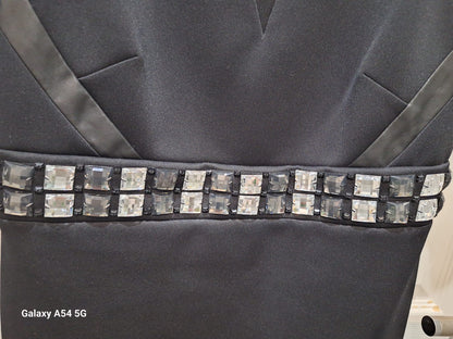 New M&S Black Bodycon Dress UK 12 EU 40 Diamante Neck & Waistline - Midi Fitted Formal