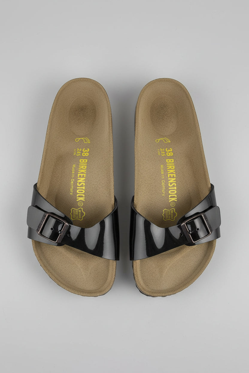 Birkenstock Madrid Buckled Shiny Black Sandals One Strap Slip-On's UK 5 EU 38