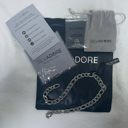Silvadore 9mm Figaro Mens Necklace - 24" Stainless Steel Silver Chain & 2" Chain Extender