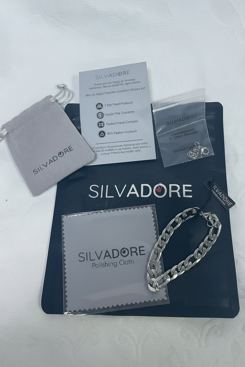 Silvadore 9mm Figaro Mens Necklace - 8" Stainless Steel Silver Chain & 2" Chain Extender