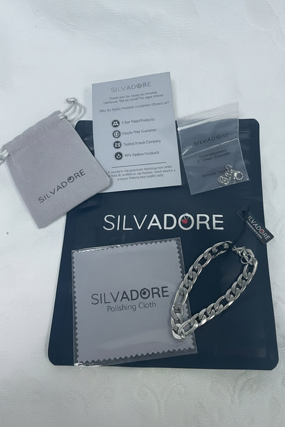 Silvadore 9mm Figaro Mens Necklace - 8" Stainless Steel Silver Chain & 2" Chain Extender