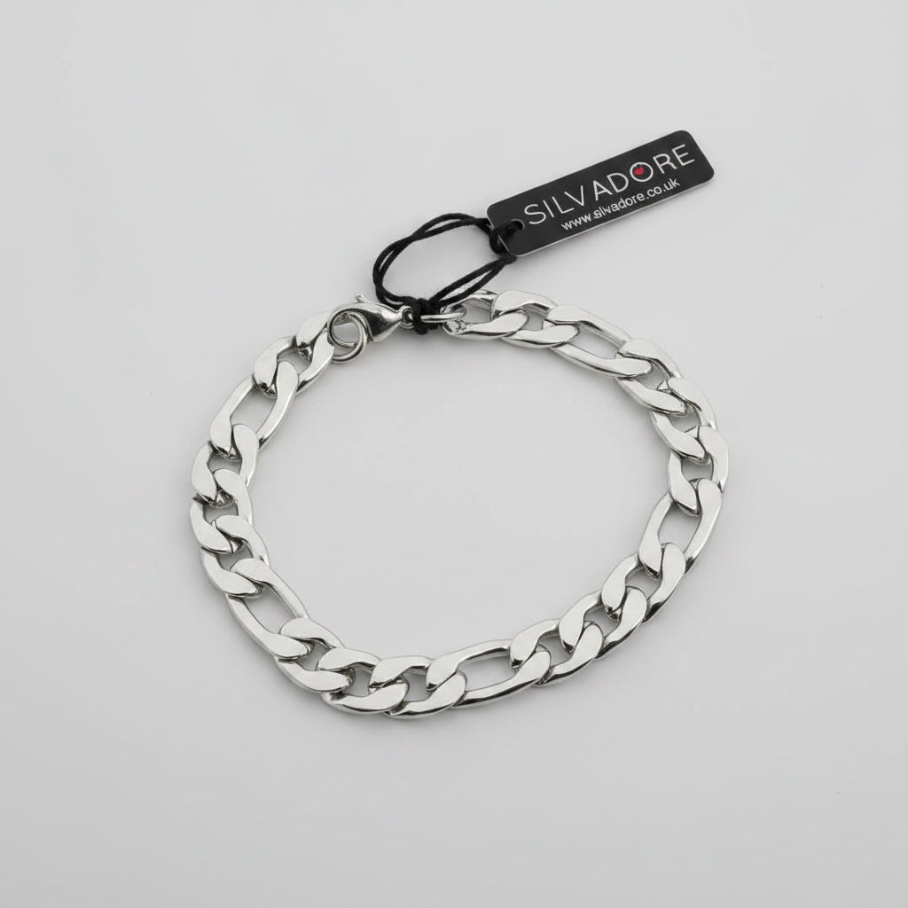Silvadore 9mm Figaro Mens Necklace - 8" Stainless Steel Silver Chain & 2" Chain Extender