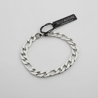 Silvadore 9mm Figaro Mens Necklace - 8" Stainless Steel Silver Chain & 2" Chain Extender