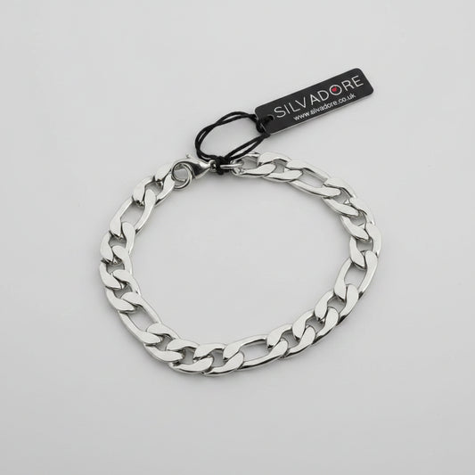 Silvadore 9mm Figaro Mens Necklace - 8" Stainless Steel Silver Chain & 2" Chain Extender