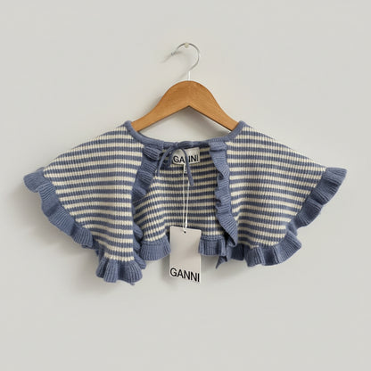 BNWT GANNI Striped Blue and White Knit Wool and Cashmere Collar Shawl Scarf