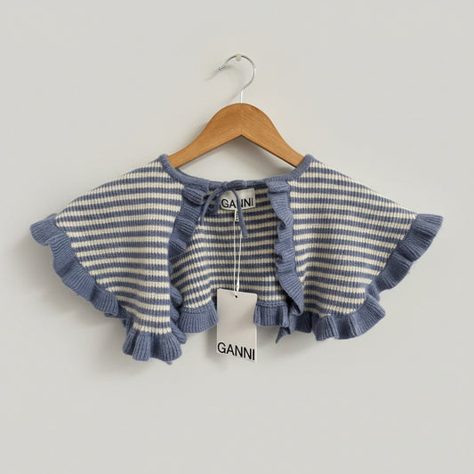 BNWT GANNI Striped Blue and White Knit Wool and Cashmere Collar Shawl Scarf