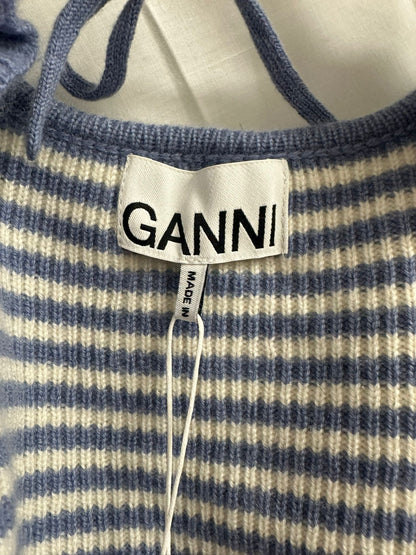 BNWT GANNI Striped Blue and White Knit Wool and Cashmere Collar Shawl Scarf