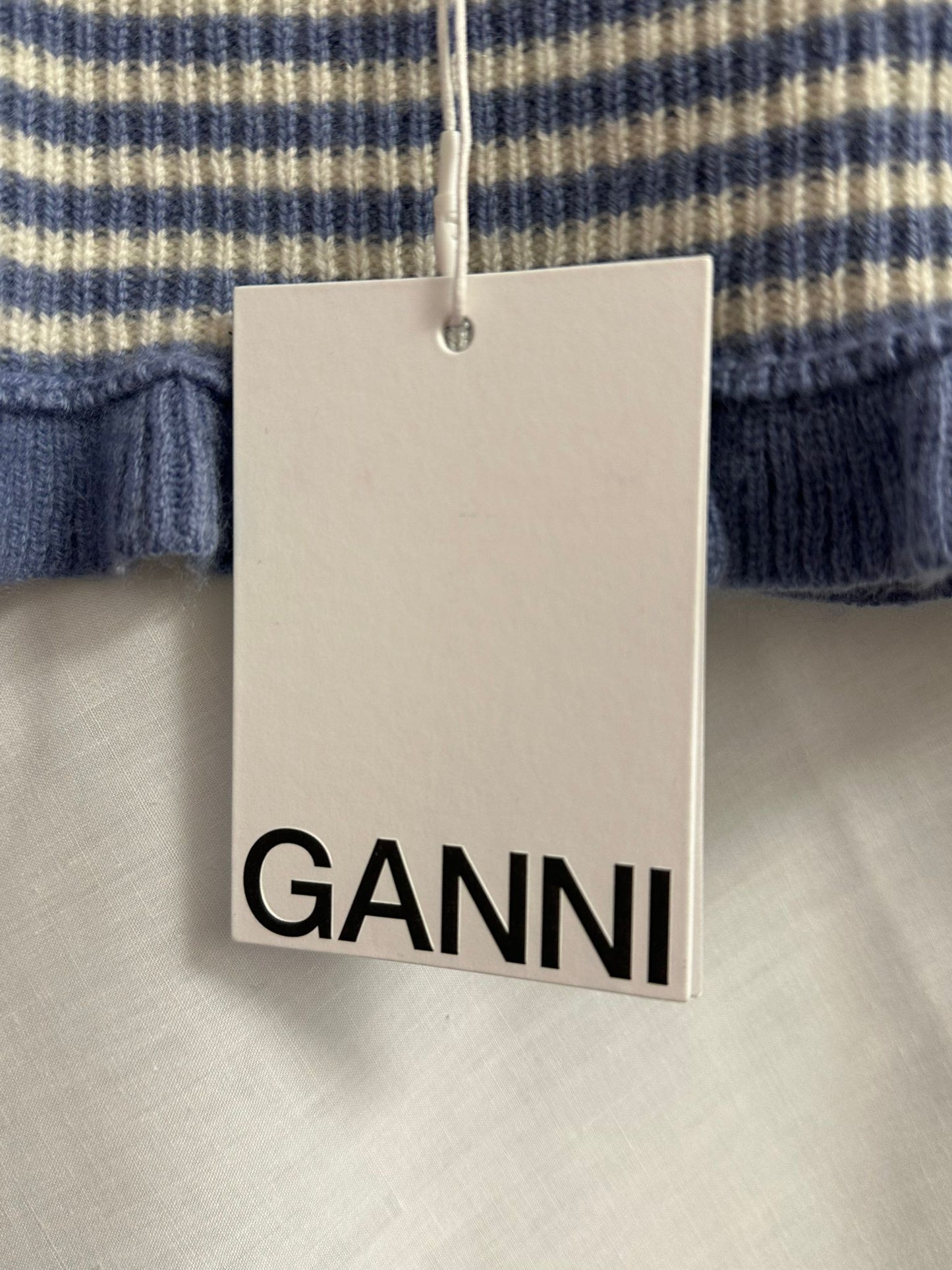 BNWT GANNI Striped Blue and White Knit Wool and Cashmere Collar Shawl Scarf