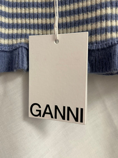 BNWT GANNI Striped Blue and White Knit Wool and Cashmere Collar Shawl Scarf