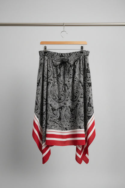 RALPH LAUREN Asymmetrical Skirt Paisley Black, Red & White Stripes Size 8 - Hanky Hem