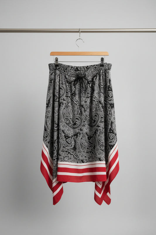 RALPH LAUREN Asymmetrical Skirt Paisley Black, Red & White Stripes Size 8 - Hanky Hem