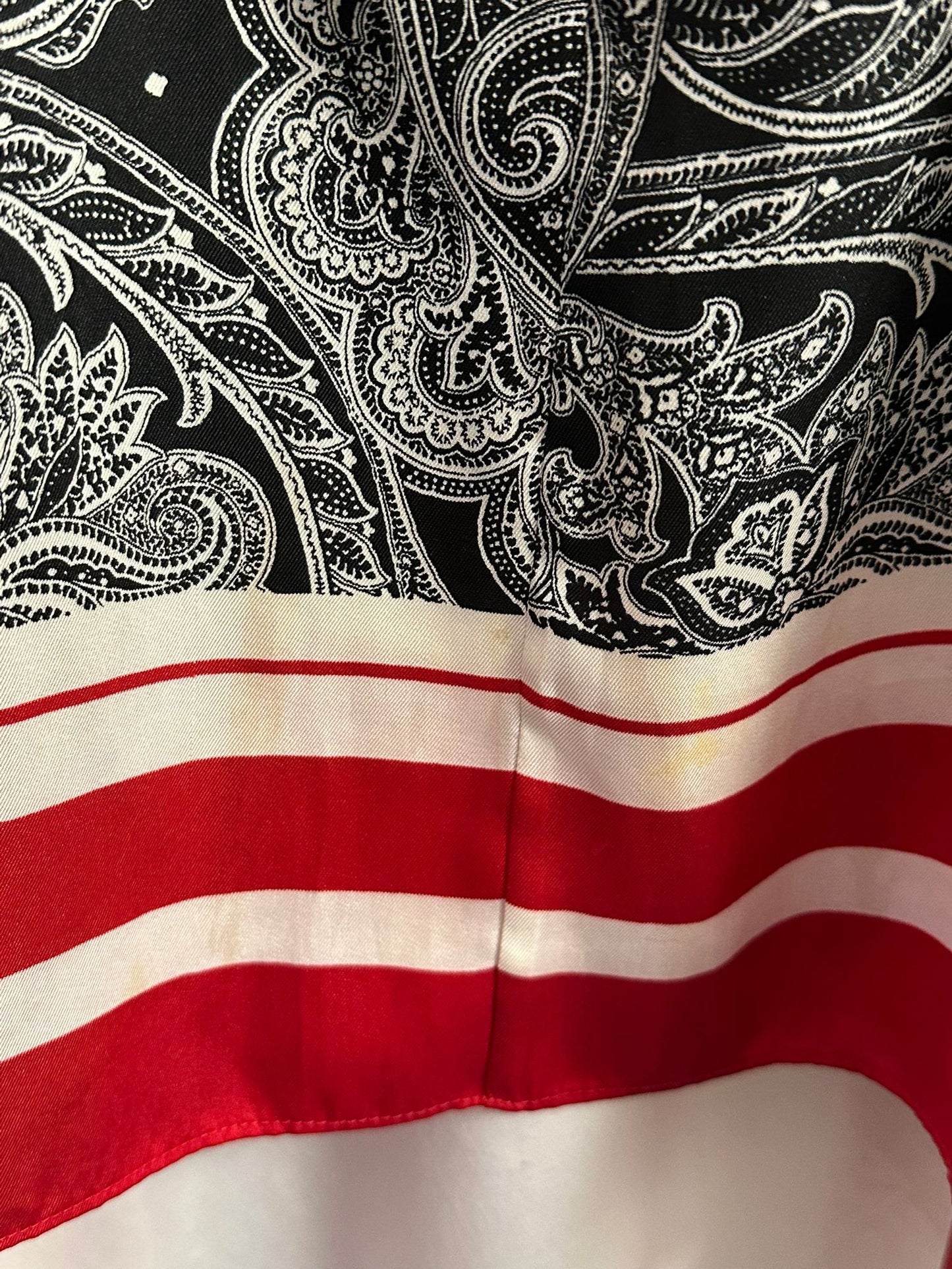 RALPH LAUREN Asymmetrical Skirt Paisley Black, Red & White Stripes Size 8 - Hanky Hem