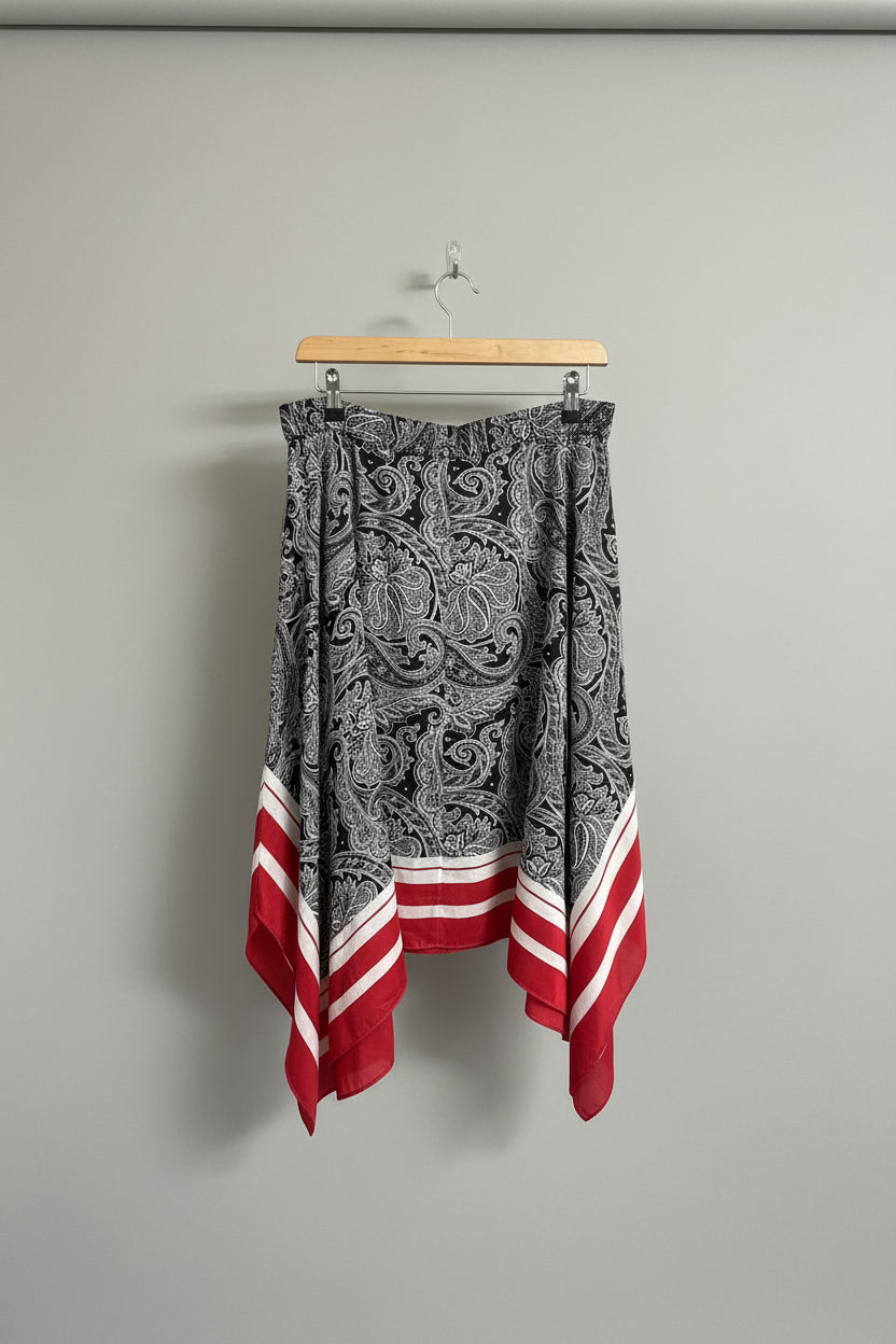 RALPH LAUREN Asymmetrical Skirt Paisley Black, Red & White Stripes Size 8 - Hanky Hem