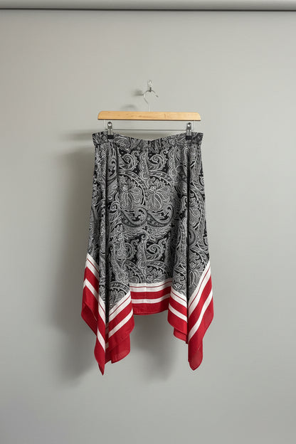RALPH LAUREN Asymmetrical Skirt Paisley Black, Red & White Stripes Size 8 - Hanky Hem