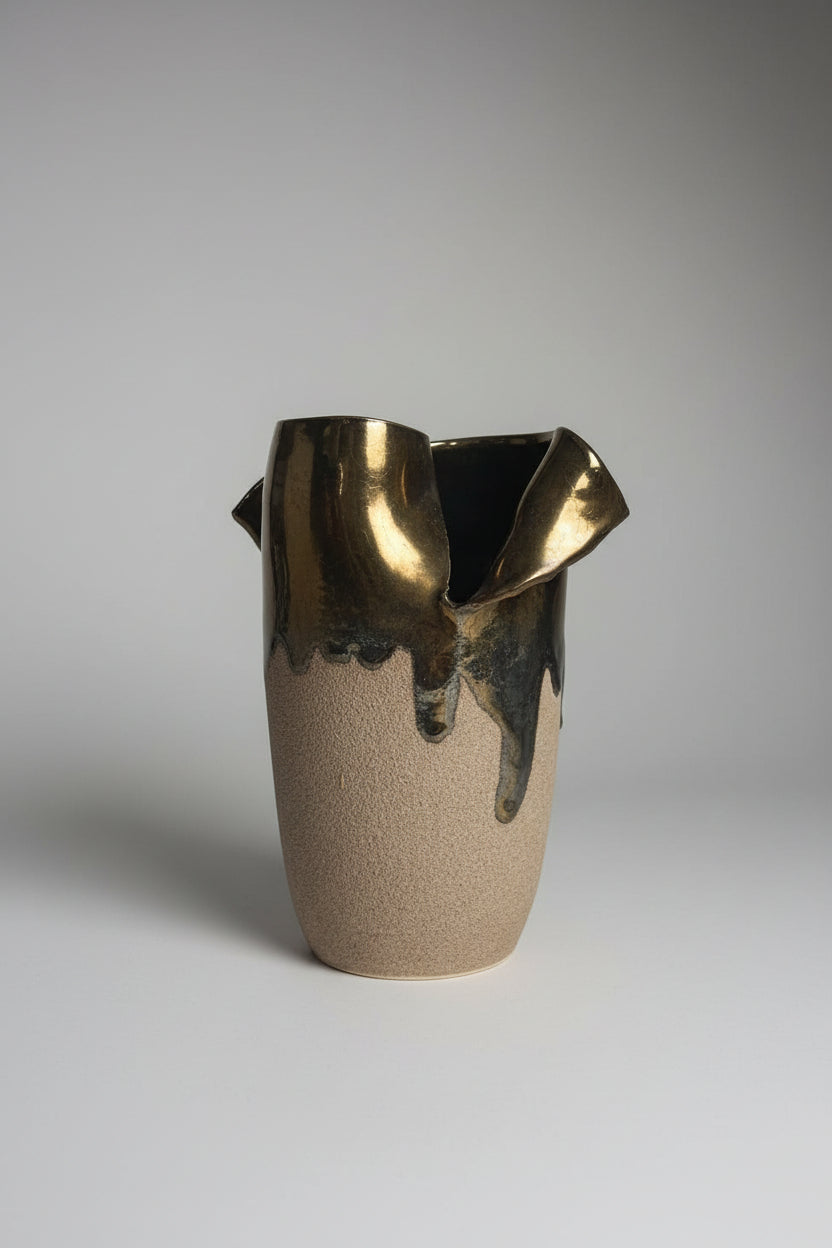 Retsis Bros Greek Hellas Vase - Textured Stoneware Pottery - Gold Top Stamped