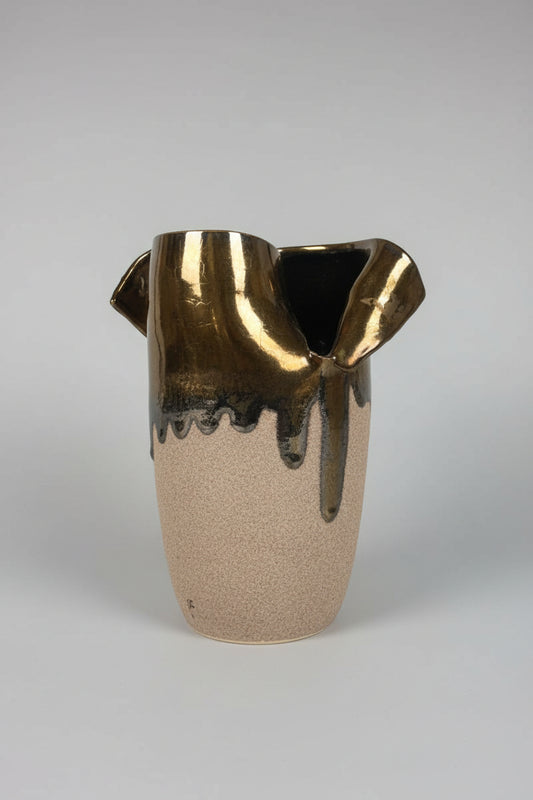 Retsis Bros Greek Hellas Vase - Textured Stoneware Pottery - Gold Top Stamped