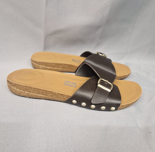 Women's Iqushion adjustable buckle brown leather sliders uk 6/ EU 39 NEW