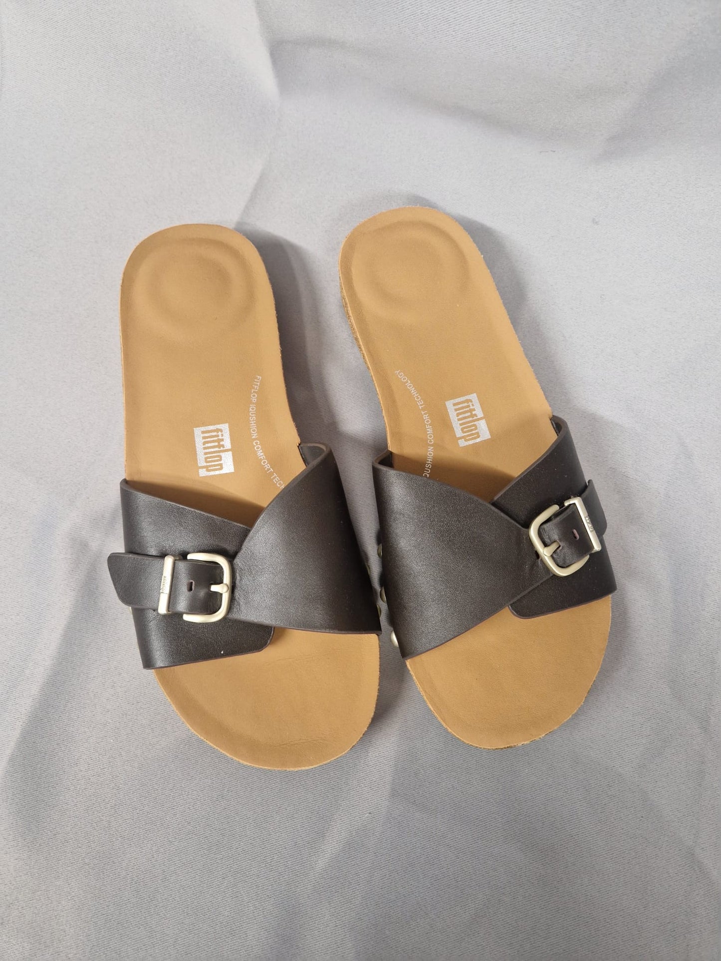 Women's Iqushion adjustable buckle brown leather sliders uk 6/ EU 39 NEW