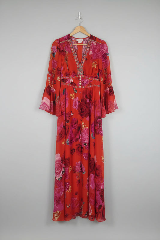 Camilla Long Sleeved 100% Silk Red Floral Maxi Dress - Size Small - Beautiful - Boho Hippie