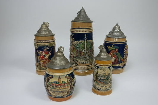 German Lidded Beer Stein. Collection of 5