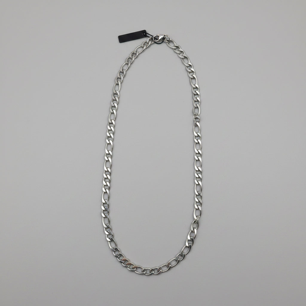 Silvadore 9mm Figaro Mens Necklace - 24" Stainless Steel Silver Chain & 2" Chain Extender