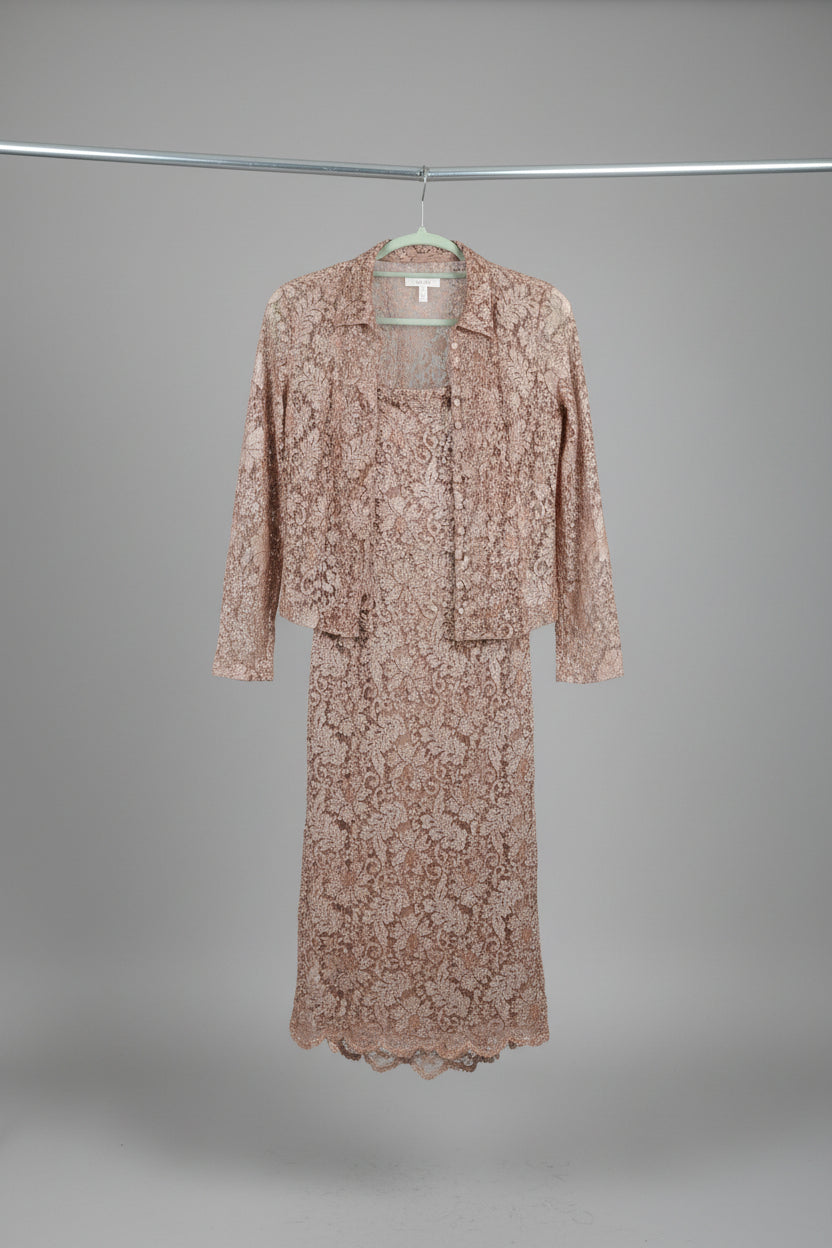 Monsoon Ladies Gold Sequin Spaghetti Strapped Dress and Jacket Size 12 In Excellent Used Condition