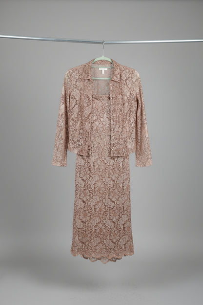 Monsoon Ladies Gold Sequin Spaghetti Strapped Dress and Jacket Size 12 In Excellent Used Condition