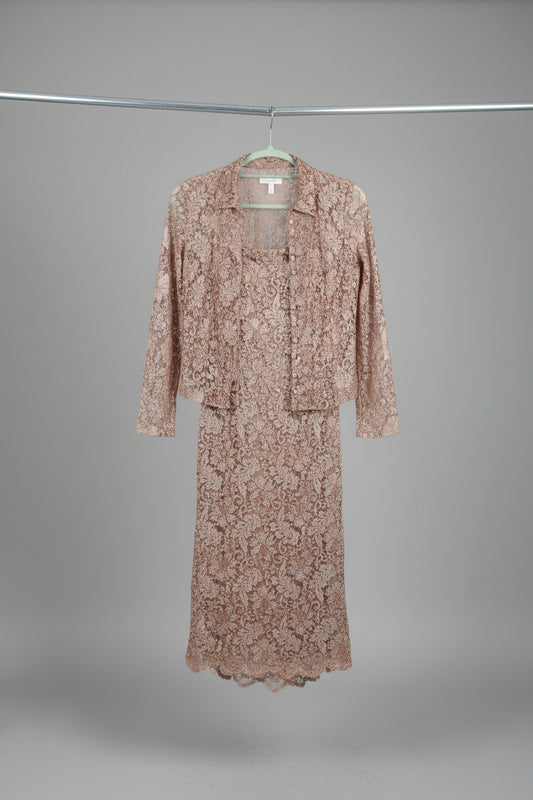Monsoon Ladies Gold Sequin Spaghetti Strapped Dress and Jacket Size 12 In Excellent Used Condition