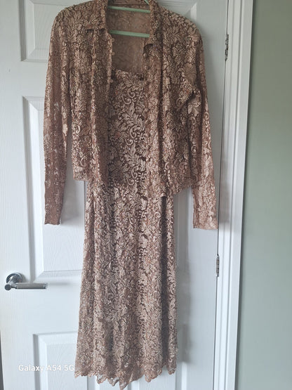 Monsoon Ladies Gold Sequin Spaghetti Strapped Dress and Jacket Size 12 In Excellent Used Condition