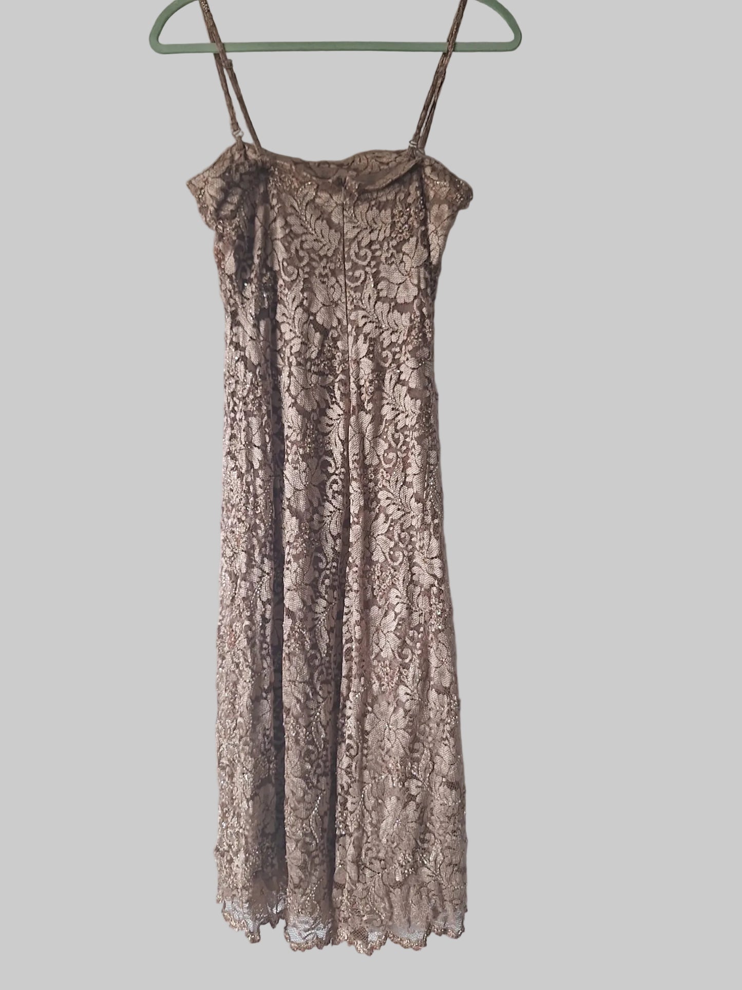 Monsoon Ladies Gold Sequin Spaghetti Strapped Dress and Jacket Size 12 In Excellent Used Condition