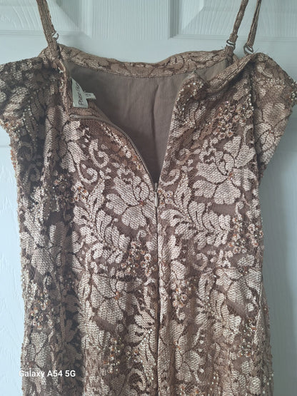 Monsoon Ladies Gold Sequin Spaghetti Strapped Dress and Jacket Size 12 In Excellent Used Condition