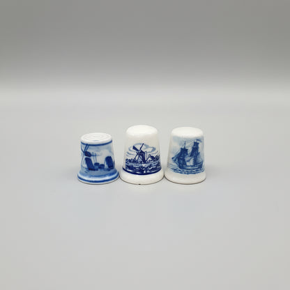 Collectable Thimbles - 3 x - Blue & White Ceramic - Vintage - Holland Windmills