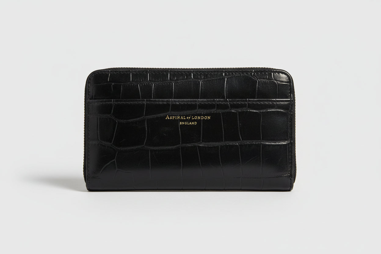 Aspinal of London Black Croc Zip Around Wallet Purse Card Holder - GOOD USED CONDITION