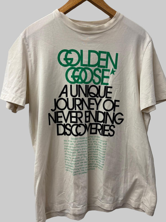 Beige t-shirt with 'Golden Goose' text on a white background