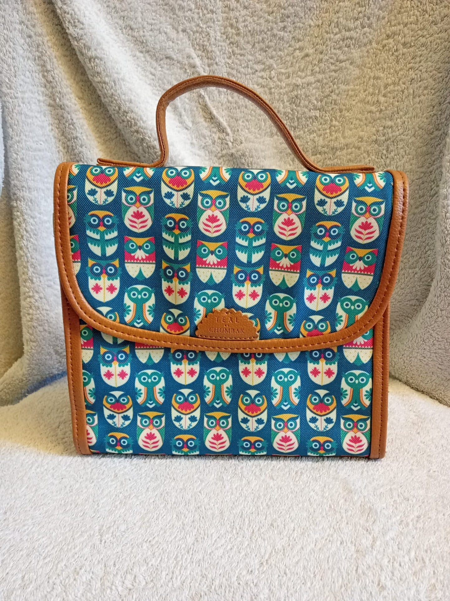 Teal by Chumbak Women's Handbag in Owl Print and Tan Trim with Strap