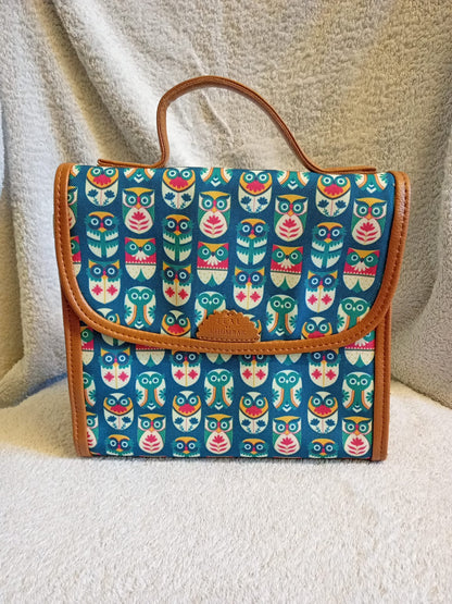 Teal by Chumbak Women's Handbag in Owl Print and Tan Trim with Strap
