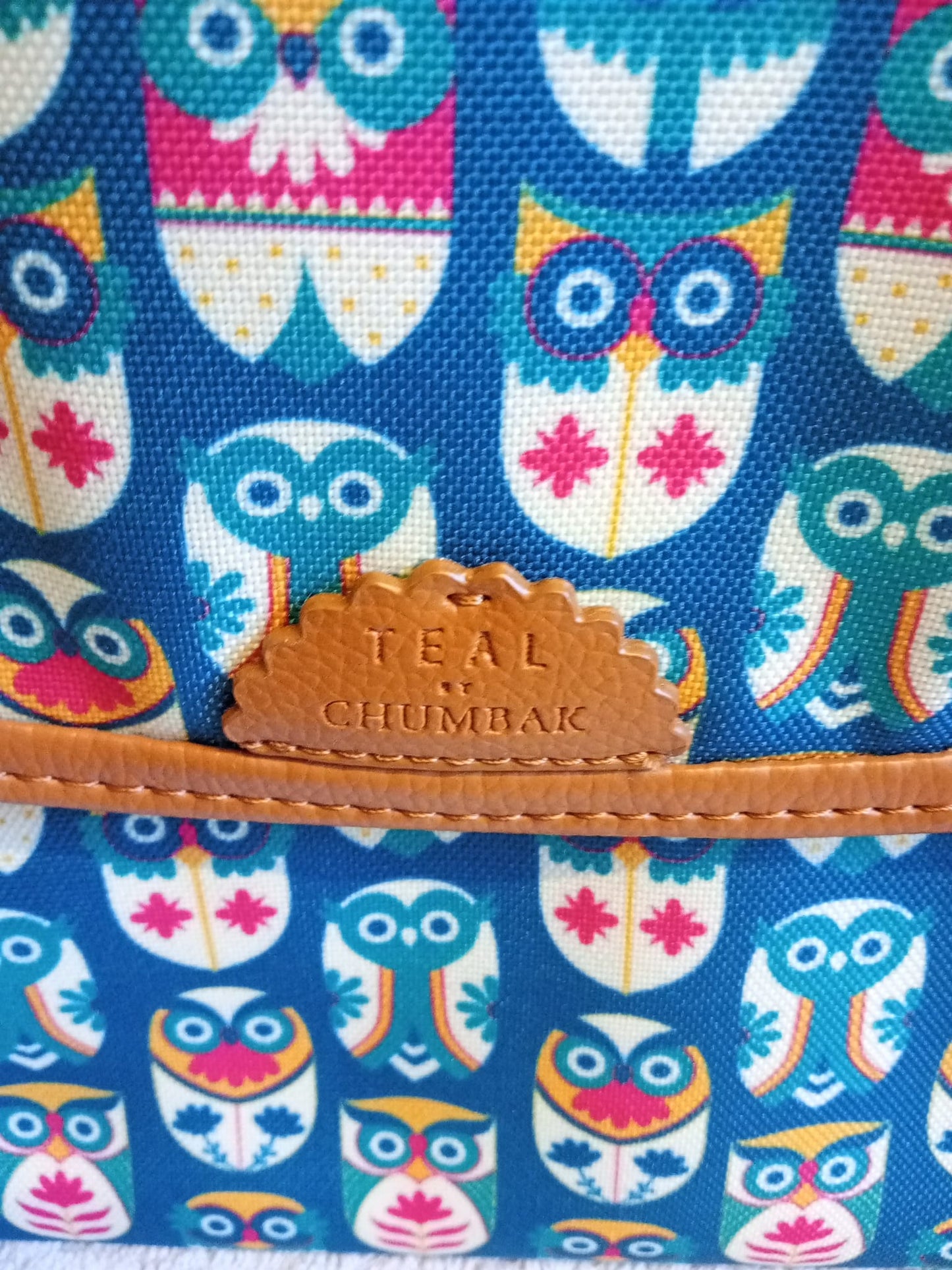 Teal by Chumbak Women's Handbag in Owl Print and Tan Trim with Strap