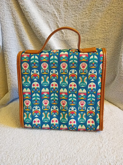 Teal by Chumbak Women's Handbag in Owl Print and Tan Trim with Strap