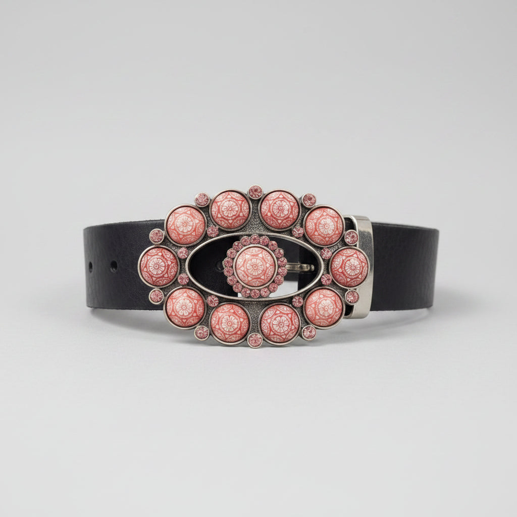 Martine Wester London Genuine Leather Belt - Black - Size Medium - Pink Floral Diamante Buckle