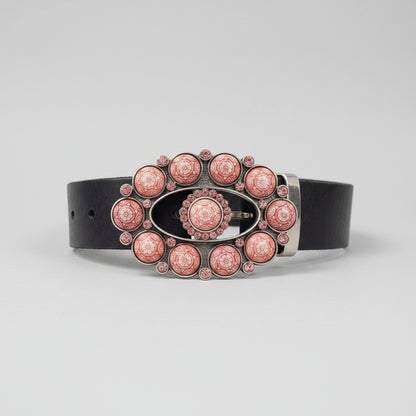 Martine Wester London Genuine Leather Belt - Black - Size Medium - Pink Floral Diamante Buckle