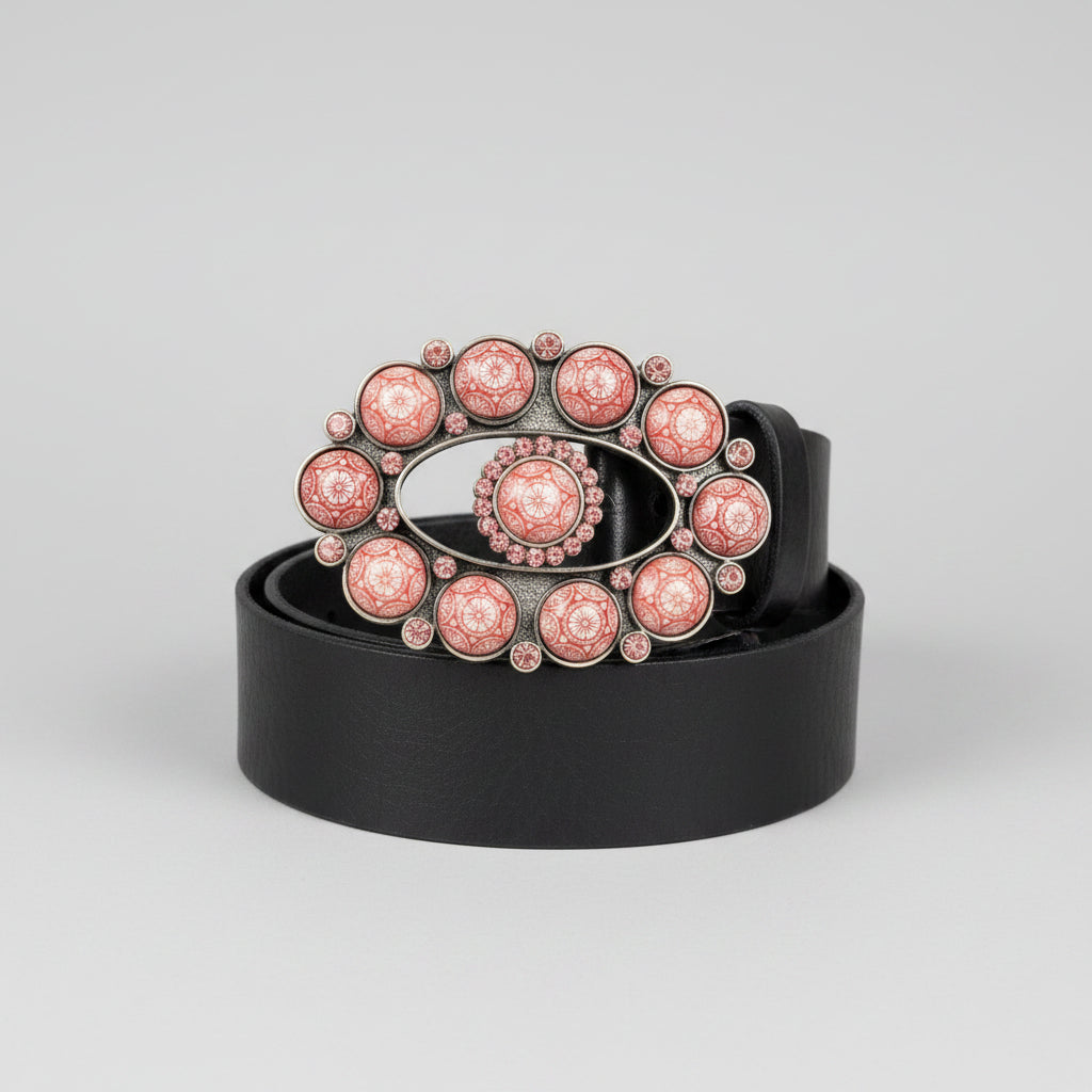 Martine Wester London Genuine Leather Belt - Black - Size Medium - Pink Floral Diamante Buckle